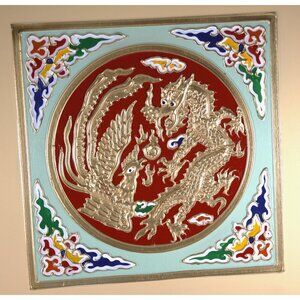 Vintage 18x18" Chinese Golden Dragon Rooster drop ceiling panel hand painted